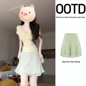 SUHUIQIAN | Bộ Váy Midi A-Line eo Cao và Áo Phối Hoa Xanh bạc hà cổ V xoắn Dáng Ôm cho Mùa Hè
