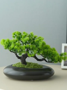 Artificial Welcoming Pine Bonsai Ornament Chinese Zen Style Office Desktop Decoration Living Room Entrance Hall Tea Table Hotel Soft Furnishings Green Plants and Potted Plants