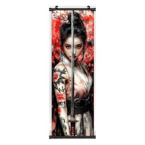 VIKAMA Female Samurai Sword Wall Tapestry Red Floral Kimono Sun Ink Scroll Art Home Decor Boho Style Soft Durable Cozy Aesthetic