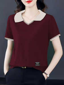 Loose Fit Pure Cotton Polo Neck Short Sleeve T-Shirt Womens Summer Slimming Versatile Belly Covering Large Size Age Defying Color Block Top
