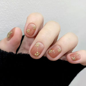 Short Medium Fake Nails Golden Leaf Flowers Butterfly for Spring Summer Full Cover Square Nail Tips Press On Acrylic False Nail
