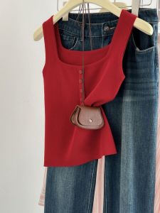 Red Square Collar Ice Silk Knitted Tank Top Womens Slim Fit Sleeveless Summer Fashionable Vest Korean Style Commute Suitable
