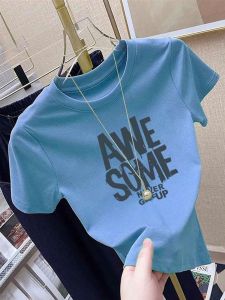 V.C.I | Lake Blue Straight Shoulder Short Sleeve T-shirt Letter Print