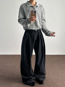 Black Casual Loose Wide Leg Jeans Mens Commuter Three Pleat Stripe Dungarees Comfortable High Waist Zipper Fly Casual Pants