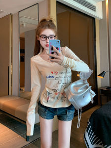 Áo Thun Dài Tay Cổ Chữ V Ôm Vừa Vặn Mùa Xuân Mỏng Phong Cách Mỹ Cổ Điển Dành Cho Nữ Thời Trang Công Sở Thường Ngày