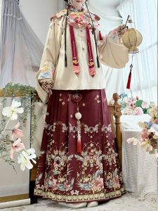 Warm Color Ming Dynasty Style Hanfu Womens Embroidered Cloud Shoulder Thickened Fleece Skirt for New Year Celebration