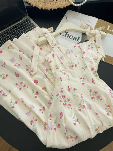 PAIBOLI | French Vintage Floral Print Square Neck Long Dress Womens Holiday Style Elegant Skirt A-Line Midi Dress Summer Design Sense