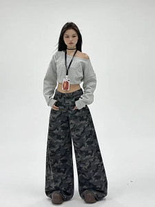 FASHLOVER Street Style Camouflage Color Jeans Women High-end Jeans Straight Leg Loose Floor Pants