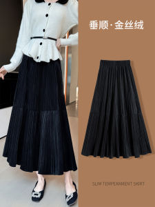 กระโปรงทรงเอเอวสูงสีดำผ้ากำมะหยี่สำหรับผู้หญิง ฤดูใบไม้ร่วง/ฤดูหนาว 2025 กระโปรงทรงเอทรงกลมสุดหรูหราสำหรับผู้หญิง