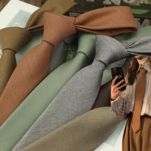 Retro Handmade Brown Mens Necktie Narrow Casual Style Pure Color Professional Match for Students Coffee Green And Yellow