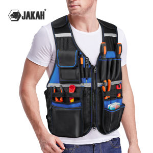 Tool Vest Multi-Pocket Work Vest with Strips Oxford Fabric Construction Black and Blue/Green