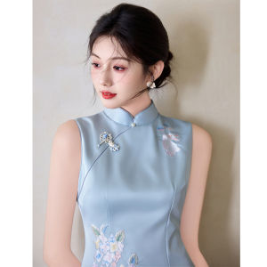 Embroidered Chinese Style Blue Cheongsam Dress