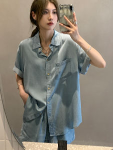AYi Cotton Lyocell Fiber Denim Two-Piece Set Womens Loose Thin Summer Outfit Short Sleeve Shirt+Denim Shorts Set