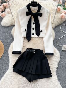 Early Autumn French Style Short Suit Womens Fashion Anti-Aging Plaid Jacket High Waist Pleated Skirt Two-Piece Set