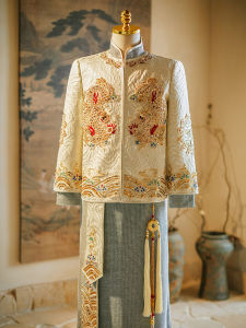 New 2025 Mens Wedding Gown Heavy Embroidery Dragon And Phoenix Suit for Marriage Celebration And Drinking Ceremony