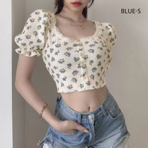 FRAN Summer Retro Floral Short T-shirt Womens Square Neck Puff Sleeves Navel Top