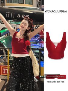 Red Lace Trim Mock Two-Piece Strap Vest Womens Autumn Outerwear Design Knitted No-Sleeve Top Commute Style Short Length