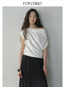 POPCHRIO | Áo Thun T-shirt Dáng Asymmetric Off-shoulder Chất Lượng Cao từ Lycell