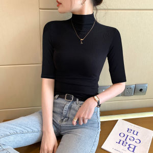 Slim Fit Half High Collar mid Sleeve T-Shirt Womens Black Ribbed Base Layer Five Sleeve Spring Autumn New Style Commute Korean Version