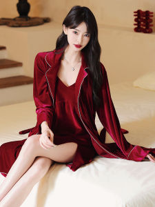 Gold Velvet New Year Wedding Red Bridal Sleepwear Womens Strap Morning Robe Two-Piece Set Autumn Winter Home Clothes