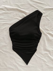Womens One-Shoulder Asymmetric Tank Top with Ruched Hem Elegant Summer Top