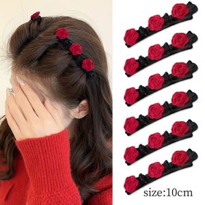 C.three Red Flocking Braided Hair Clip Camellia Hair Clip Fashionable Creative Women Bangs Clip