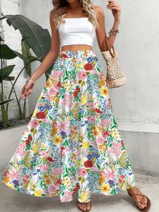 Printed Design Four Seasons Flower Pattern and Colorful Flower Vacation Style Half Skirt
