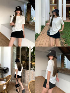 Loose Fit round Neck Short Sleeve Knitted T-Shirt Womens Summer Casual Style Cotton Blend Elastic Fiber Pocket Detail
