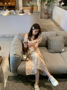Chic Floral Print Summer Dress Womens Gentle Style High Waist A-Line Skirt Korean Commute Short Sleeve Long Dress YANGRUOY
