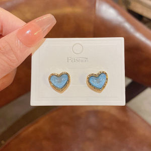 Sterling Silver Needle South Korea New Arrival Fantasy Blue Loving Heart Stud Earrings for Women Light Luxury Minority Simple Elegant Earrings Ear Rings