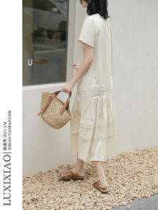 LUXIXIAO Korean Style Loose Shoulder Sleeve Pleated round Neck Shirt Dress Womens Summer Long Dress H-Line Pure Color Commute