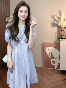 Summer New Slimming Stripe Short Skirt Loose Design Sweet French Style Dress Womens Fashionable Commute Polyester Fiber
