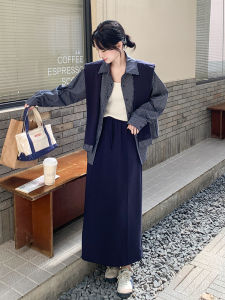 Loose Feel Shoulder Stripe Shirt Set Womens 2025 Autumn New Casual Elegance Half Skirt Two Piece Set Korean Style Long Sleeve