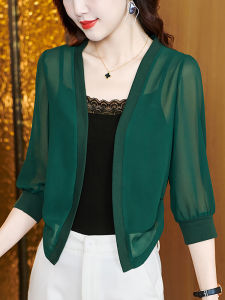 Áo Khoác Ngắn Mùa Hè Mới Cho Nữ Áo Khoác Che Nắng Tay Lửng Vải Voan Màu Trơn Dài Tay Đèn Lồng Mỏng Áo Khoác Ngoài