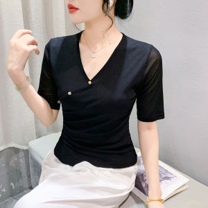 Elegant V-Neck T-Shirt Summer Womens Pure Color Splice Button Waist-Cinching Mid-Sleeve Mesh Top Trendy Commute Style
