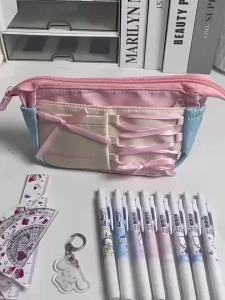 Korean Version Simple Pink Ballet Style Bow Ribbon Pencil Case Student Large Capacity Pencil Case Pencil Storage Bag Makeup Bag