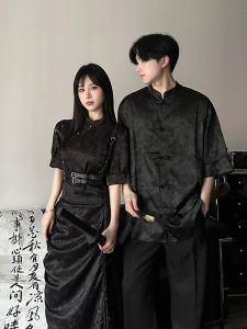 New Chinese Style Stand Collar Short Sleeve Mens Shirt Satin Feel Set Trendy Brand Couples Summer Outfit One Skirt One Garment