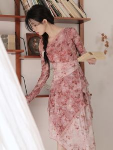 French Romantic Slimming Dress Womens Early Autumn New Asymmetric Design Elegant Long Skirt Vintage Waist Contraction Long Sleeve