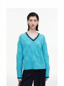 Wool Blend Color Block Rhombic Pattern V-Neck Pullover Sweater