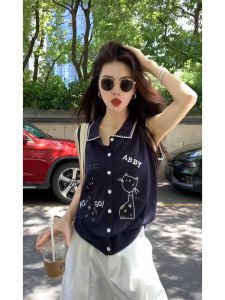 YUEZHONGWEI | Cartoon Embroidery Ice Silk Linen Womens Summer Slim Fit Sleeveless Polo Shirt