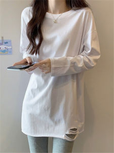 Áo Thun Cotton Dài Tay Nữ Dáng Rộng Thoải Mái Thời Trang Mùa Thu Phong Cách Hàn Quốc in Họa Tiết Cổ Tròn Dài Vừa Phải