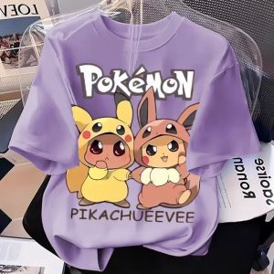 Bandai | Pokemon Pikachu Eevee Cosplay Print Kids T Shirt Cute Cartoon Short Sleeve Cotton Tee Boys Girls Casual Purple Tops