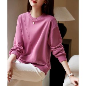 เสื้อสเวตเตอร์คอปกกลมแขนยาวบางสีชมพูแฟชั่นสไตล์เกาหลี ทรงตรง ปกติ ฤดูใบไม้ร่วง 2024 ผ้าฝ้ายผสมโพลีเอสเตอร์