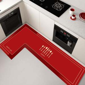 Red L-Shaped Kitchen Floor Mat Anti-Slip Oil-Resistant Easy to Clean New Year Carpet Natural Rubber Geometric Pattern