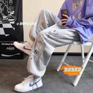 Extra Large Size Mens Casual Pants Autumn Loose Fit Sporty Long Trousers Trendy Harajuku Style Printed Straight Leg Trousers