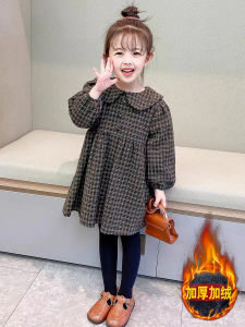 Trendy Plaid Fleece-lined Long Sleeve Dress for Girls Autumn Winter Casual Cotton Print Princess Skirt Fashionable Baby Dress