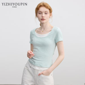Two-Tone Spliced Design Sleeve T-Shirt Slim Fit Versatile Blouse