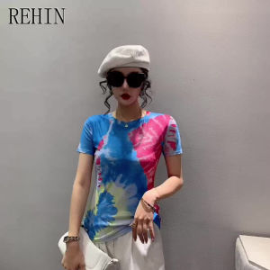 REHIN Womens T-shirts New Summer fashion mesh unique printed short-sleeved T-shirt round-neck Slim thin elegant trend tops