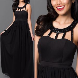 Black Beaded Neckline Long Evening Gown | Flowing Chiffon Skirt | Small | US Imported