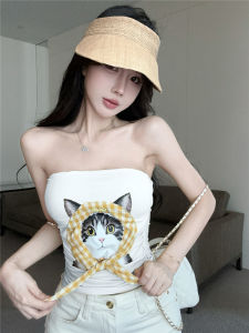 GUZILIAN | Sweet Spicy Cat Print Halter Top Womens Summer Slim Fit Exquisite Outerwear Tube Top Fashionable Commute Style Short Length